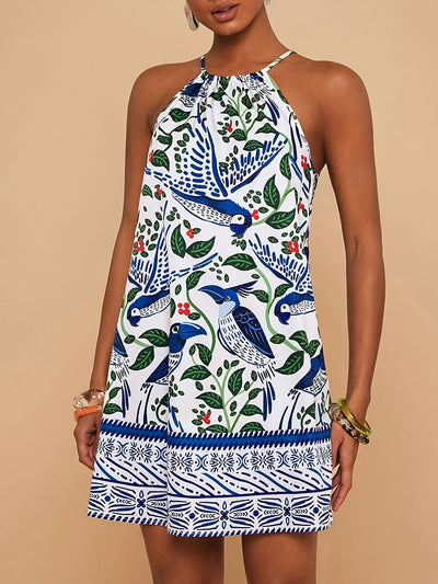 Ärmelloses Sommer-Minikleid mit Vogel- und Pflanzenmotiv, weiß