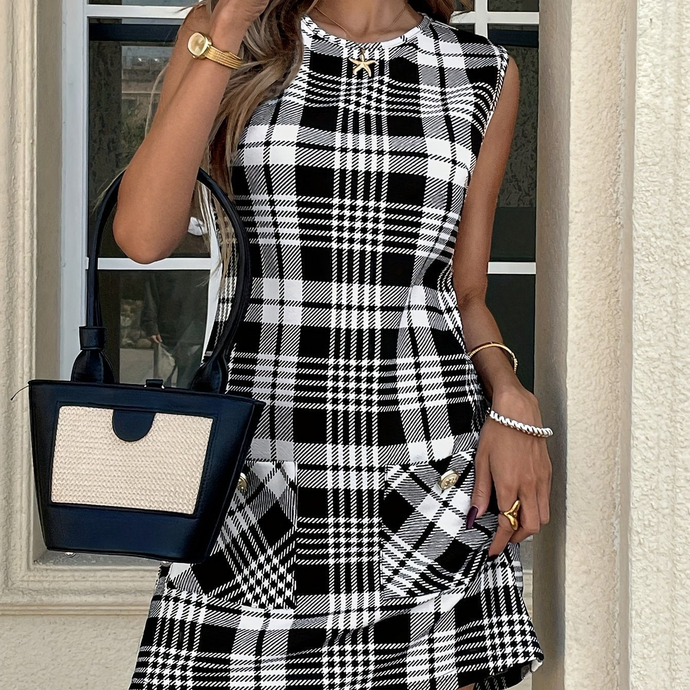 Damenkleid mit Karomuster und Taschen – A-Linien-Schnitt
