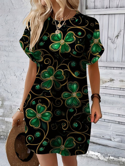 Schwarzes Damenkleid mit grünem Kleeblatt und goldenem Muster – Elastisch