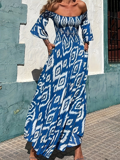 Maxikleid mit Rüschen - trägerlos mit blauen und roten Motiven