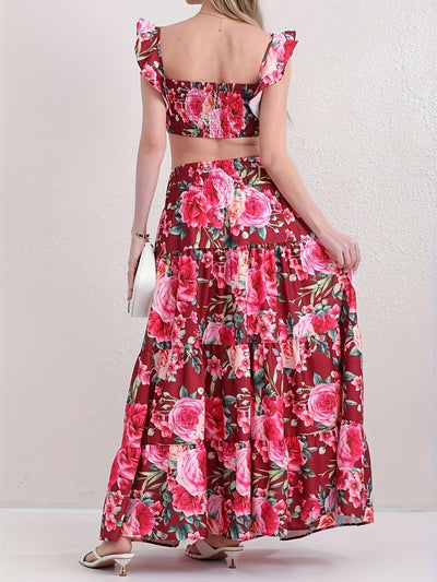 Zweiteiliges Set: Kurzes Oberteil mit Rüsche und ausgestellter Rock - Summer Holiday Style