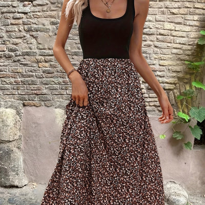 Geblümtes ärmelloses Sommer-Midikleid mit A-Linie in Schwarz und Kaffee