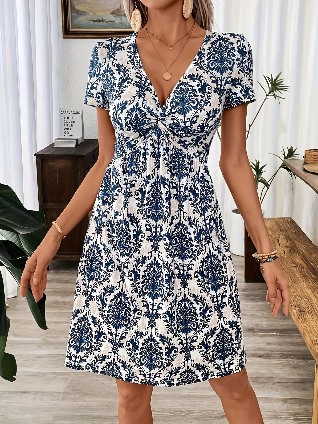 Midikleid mit Leopardenmuster und Twist Plunging V Neck