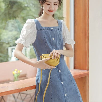 Damen Vintage Denim Kleid mit quadratischem Ausschnitt