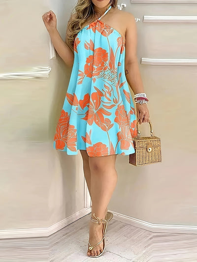 Sommer-Damenkleid mit offener Schulter und Krawatte im Nacken - Locker mit Druck