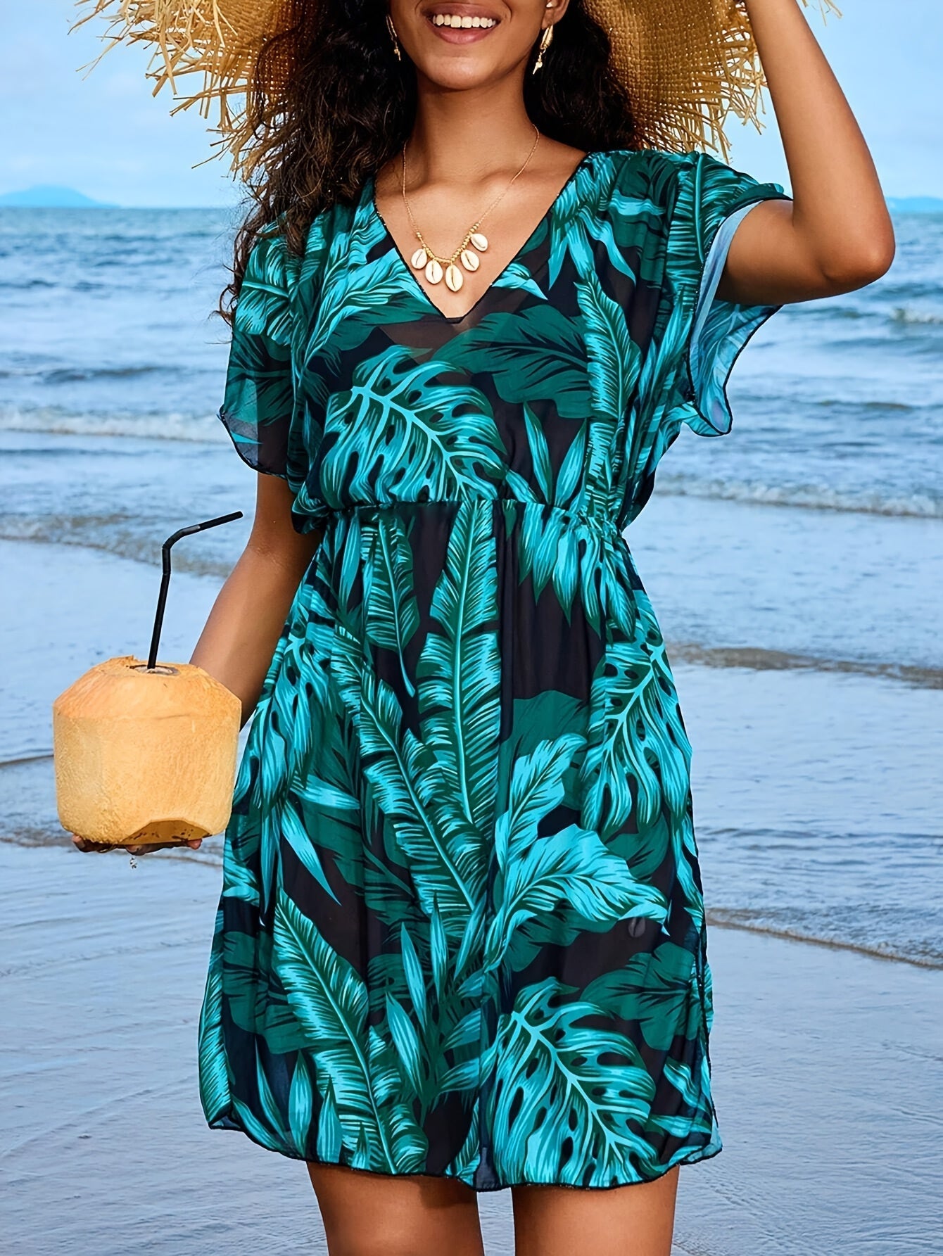 Bohemian Strandkleid mit Porzellan-Print – Mini-Kleid mit V-Ausschnitt