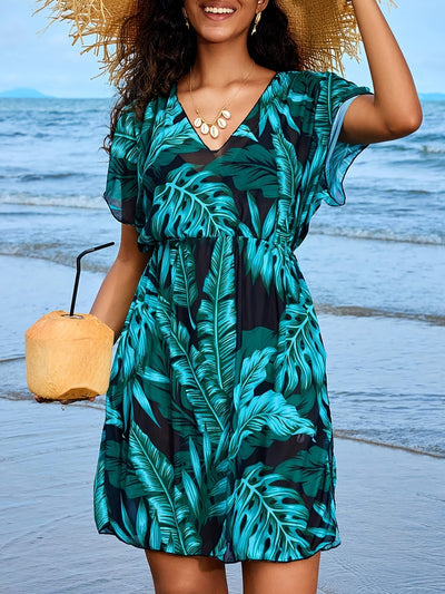 Bohemian Strandkleid mit Porzellan-Print – Mini-Kleid mit V-Ausschnitt