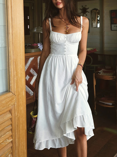 Weißes Midi-Sommerkleid mit Rüschen und Trägern