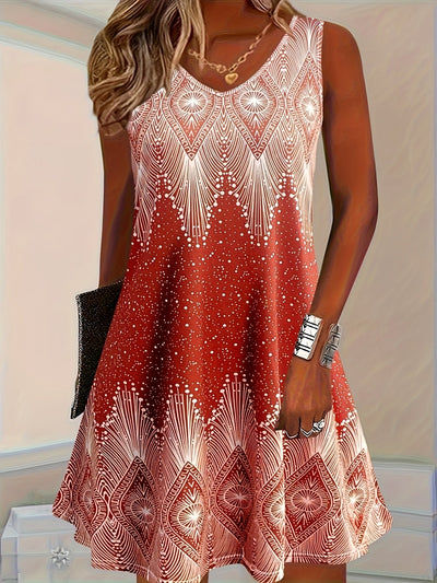 Elegantes ärmelloses Damenkleid mit S-Ausschnitt und geometrischem Muster