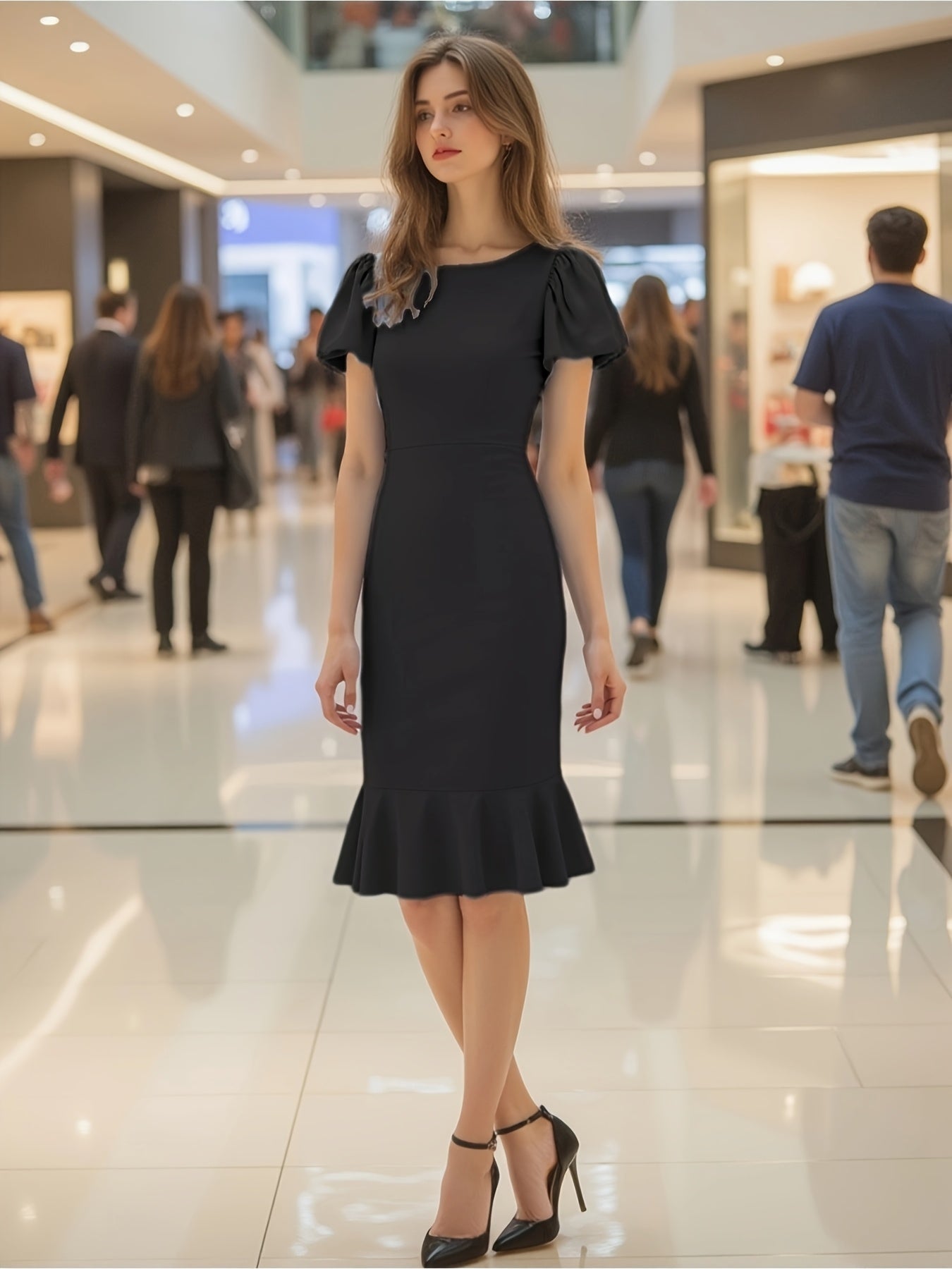 Elegantes A-Linien Kleid mit Puffärmeln Schwarz Blau