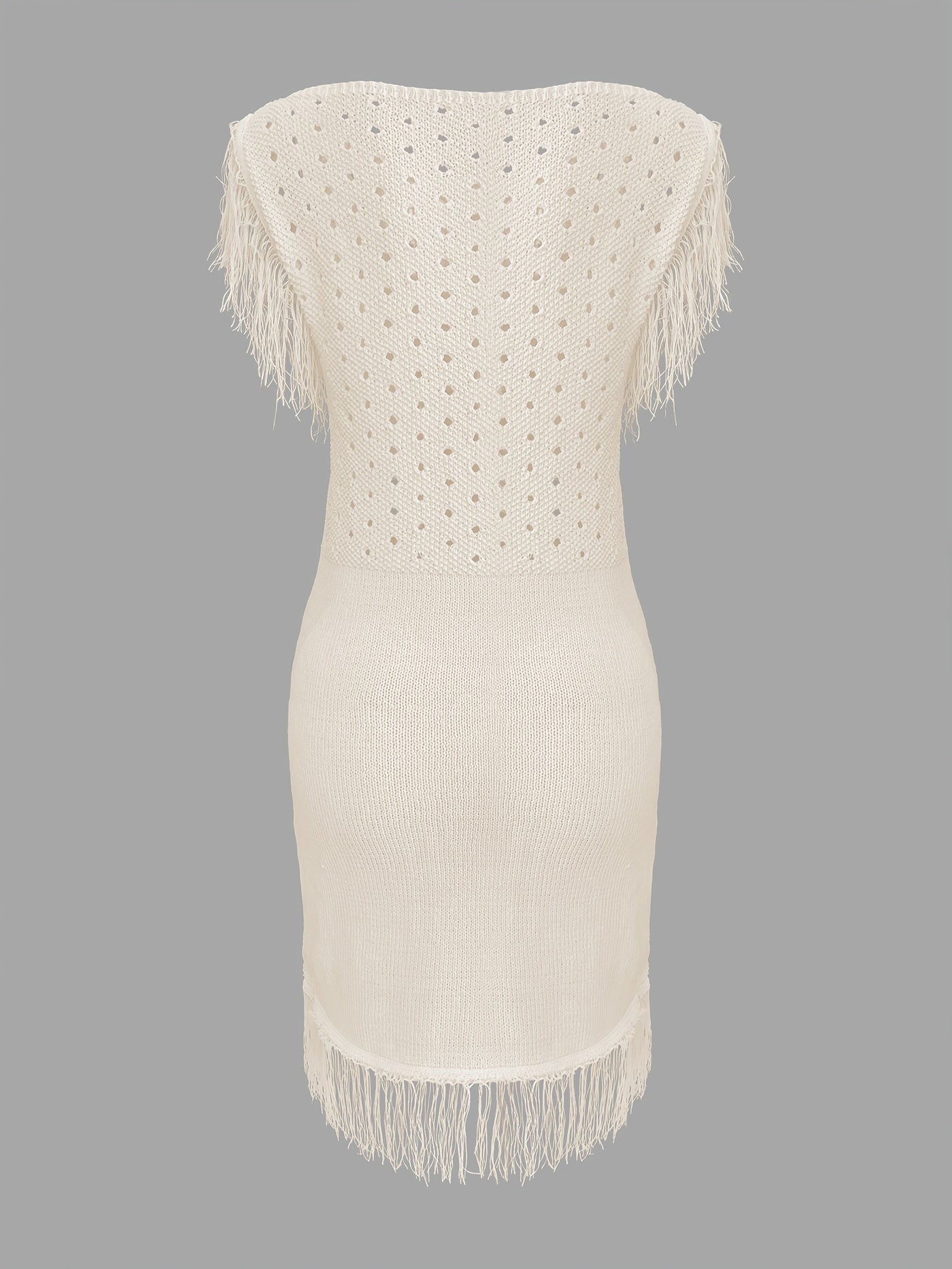 Ärmelloses Damenkleid mit Fransen aus leichter weißer Sommerspitze