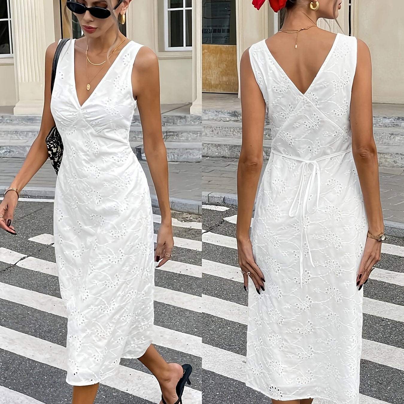 Elegantes weißes Spitzenabendkleid mit spitzem Ausschnitt und betonter Taille