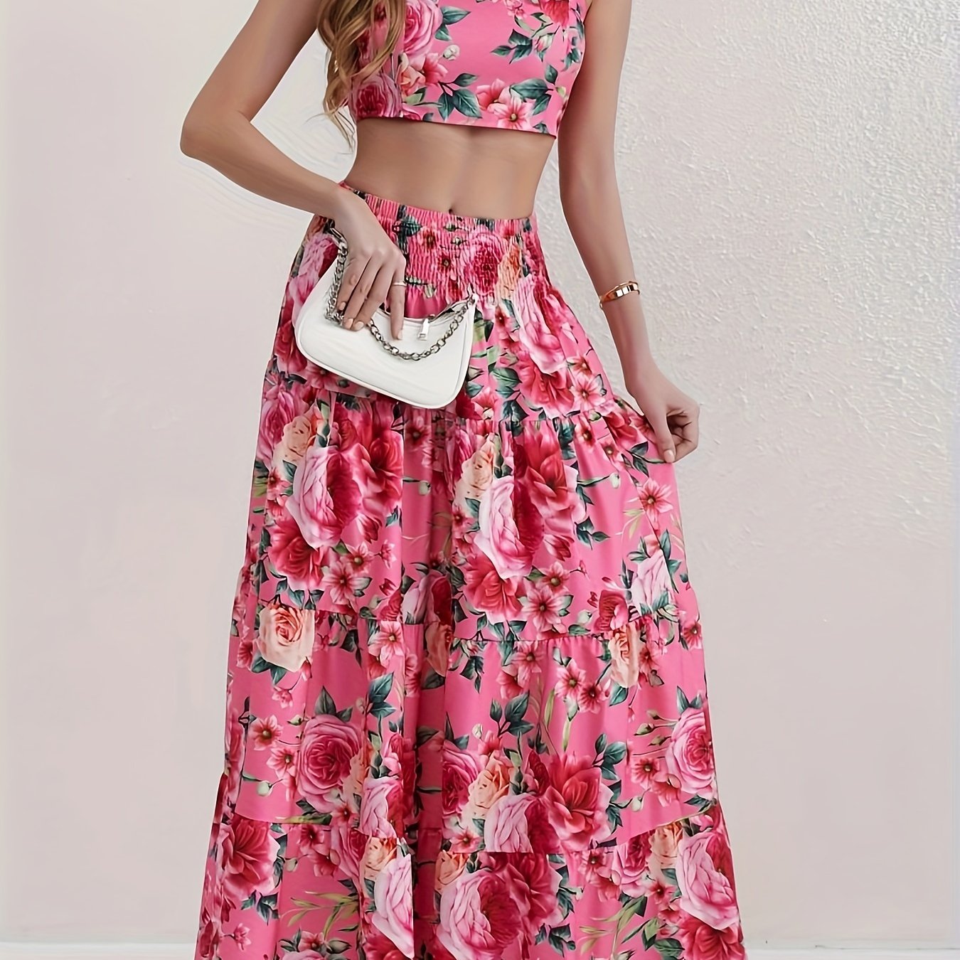 Zweiteiliges Set: Kurzes Oberteil mit Rüsche und ausgestellter Rock - Summer Holiday Style