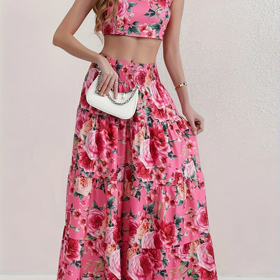 Zweiteiliges Set: Kurzes Oberteil mit Rüsche und ausgestellter Rock - Summer Holiday Style