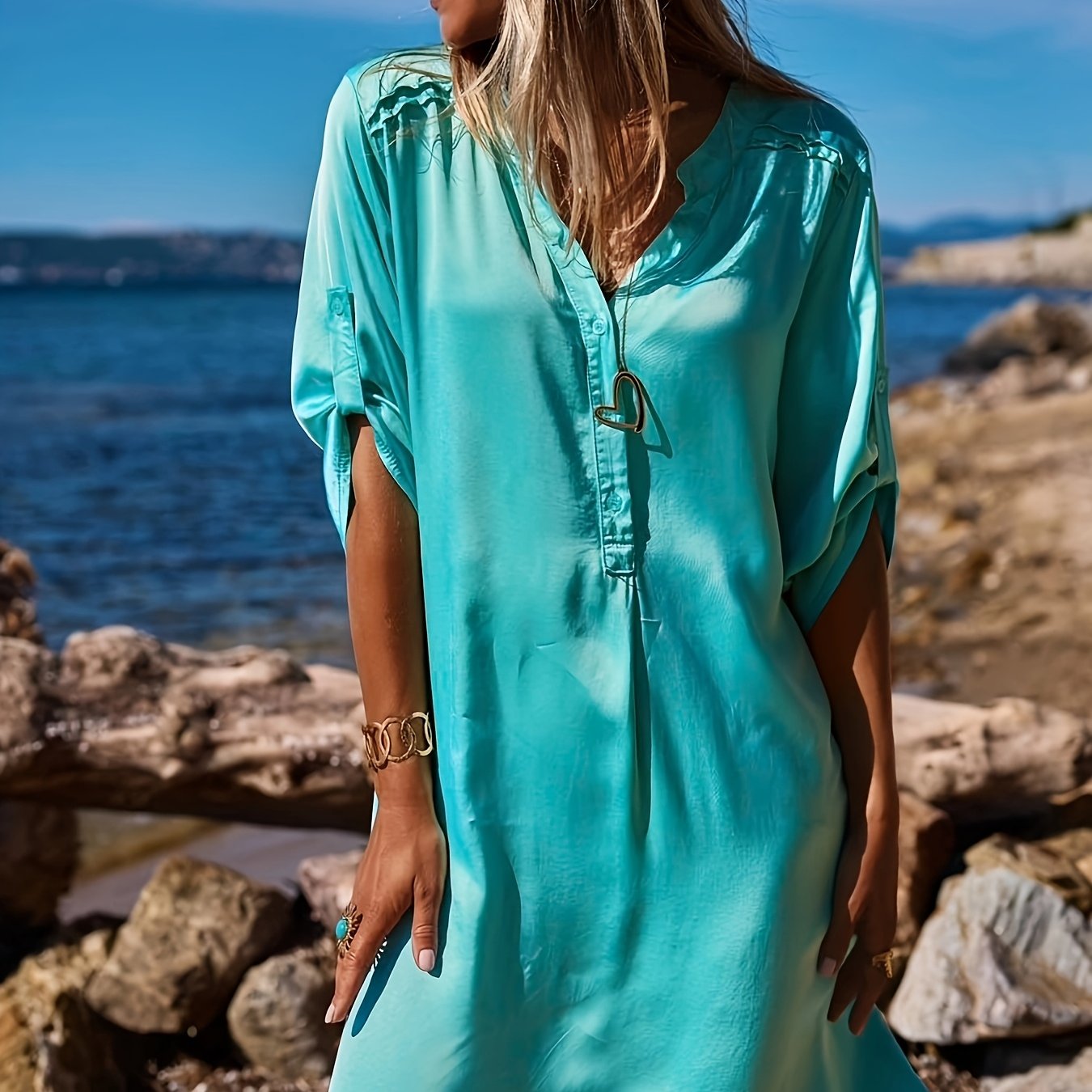 Hemdkleid mit asymmetrischem Unterteil Elegant Airy Türkis