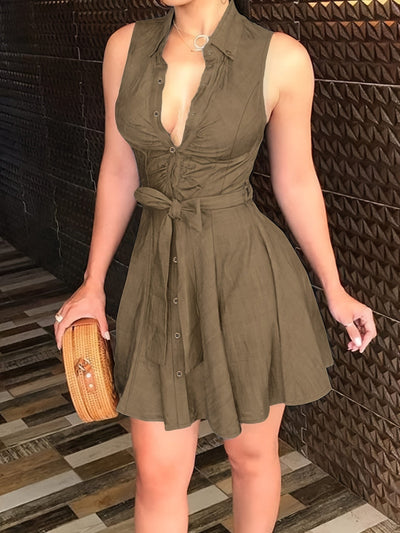 Damen Hemdblusenkleid mit Gürtel – Kurzarm, Unifarbe