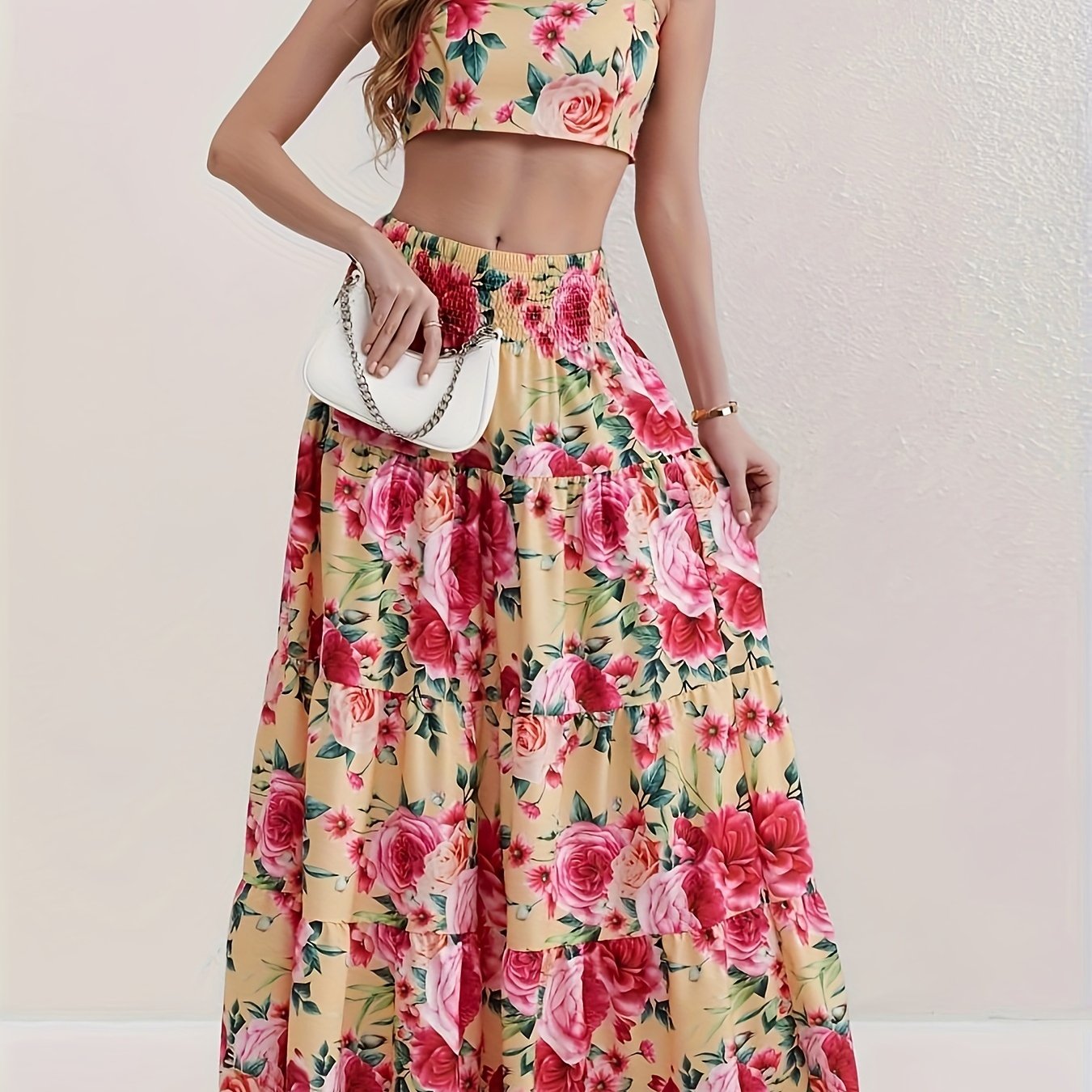Zweiteiliges Set: Kurzes Oberteil mit Rüsche und ausgestellter Rock - Summer Holiday Style