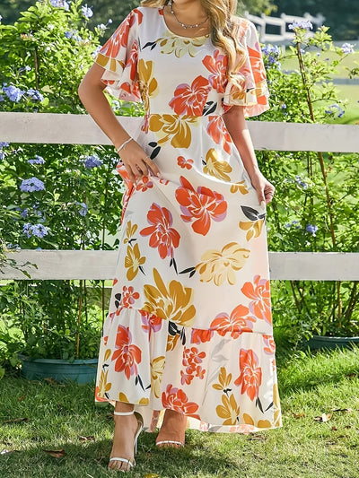 Langes Damen-Blumenkleid mit Rüschen - Multicolour