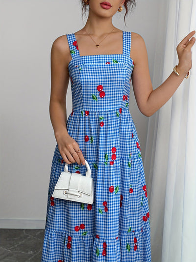 Sommerliches blau kariertes Maxikleid mit Kirschenprint und schmalen Trägern