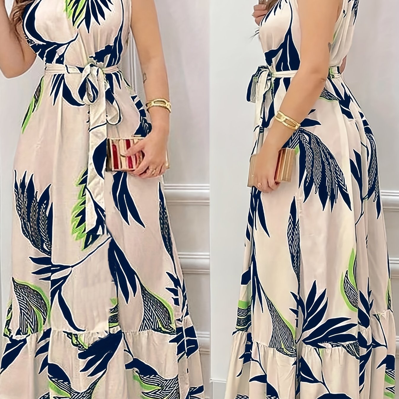 Elegantes ärmelloses langes Kleid mit tropischem Blumenmotiv