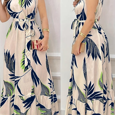 Elegantes ärmelloses langes Kleid mit tropischem Blumenmotiv