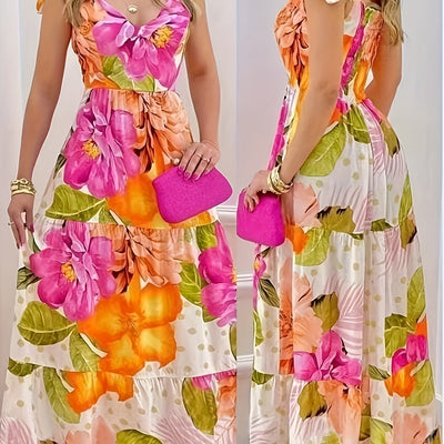 Langes Maxikleid mit frechem Ausschnitt und ausdrucksstarkem Blumenmuster