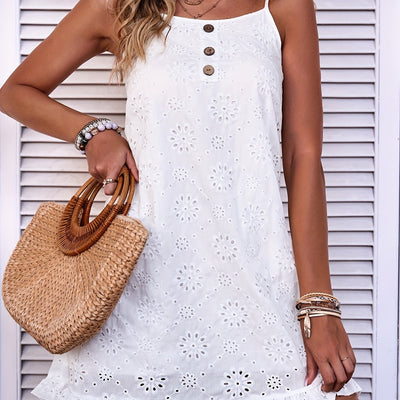 Weißes Lochstickerei-Kleid mit Trägern und Knöpfen – Sommer