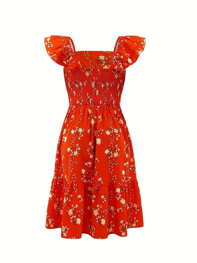 Ärmelloses Damenkleid mit roten Blumen, quadratischer Ausschnitt Fluid-Schnitt