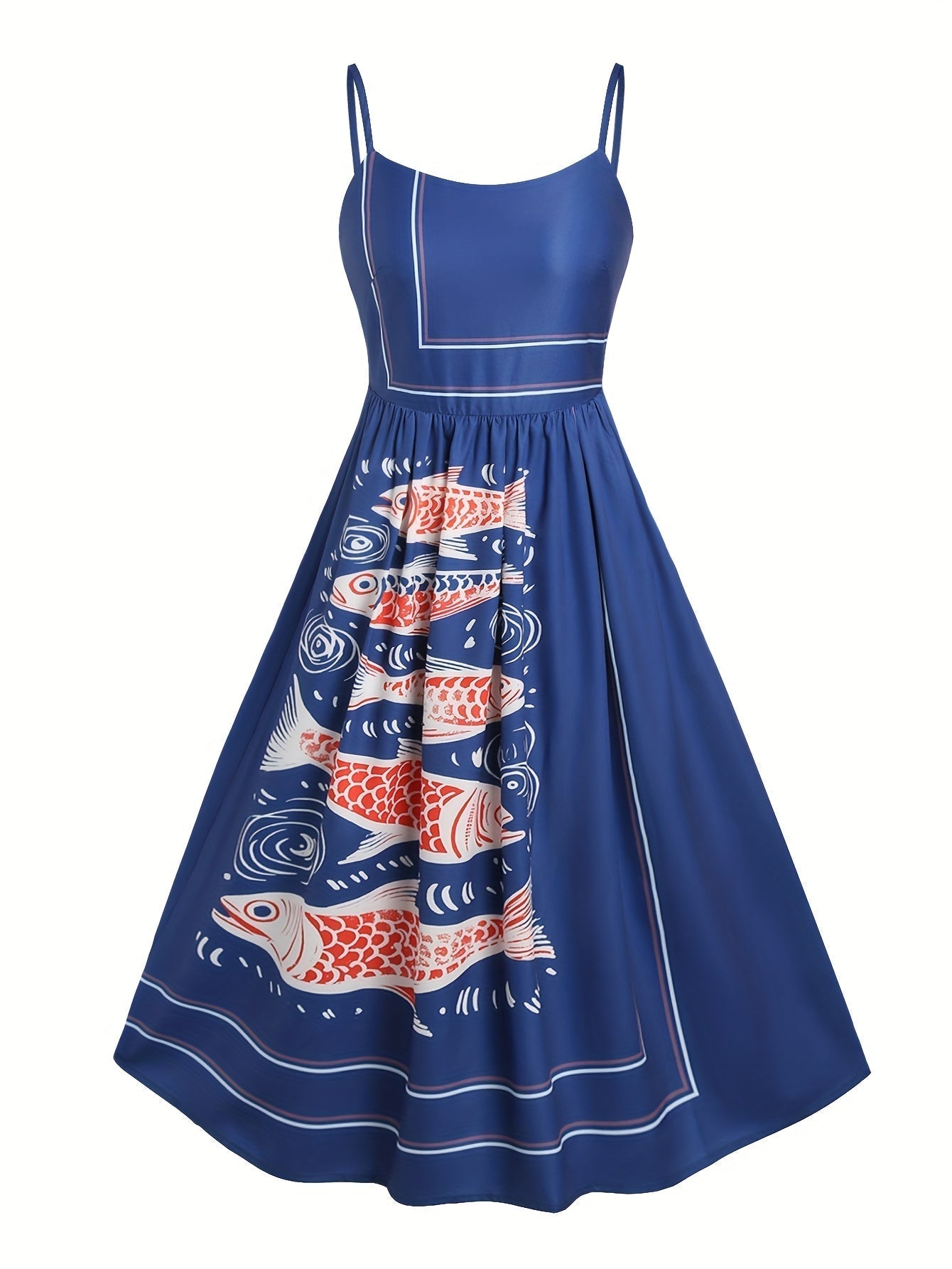 Ferienkleid mit Koi-Motiv Maxikleid ohne Ärmel marineblau