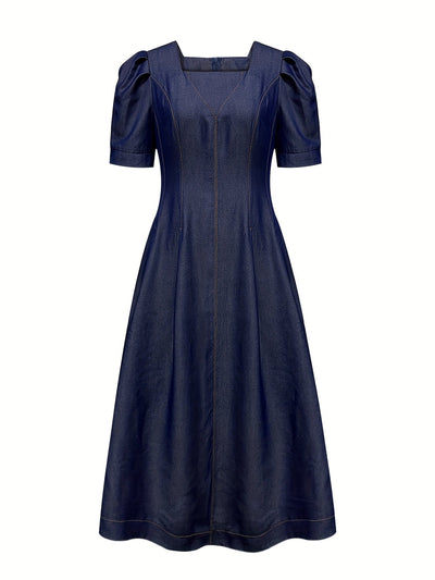 Elegantes Damen Denim Midikleid mit quadratischem Ausschnitt