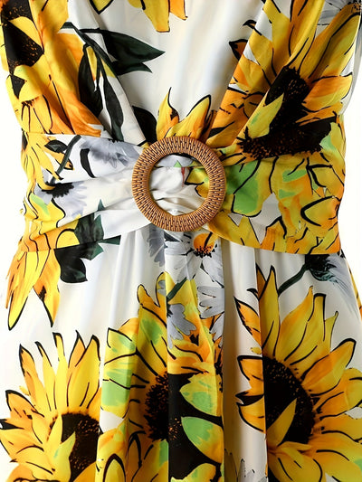 Ärmelloses Midi-Kleid mit Sonnenblumenmuster und Gürtel – Sommerkleid