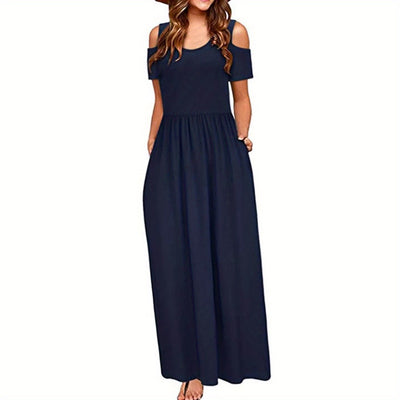Stylisches Sommer Maxikleid mit offenen Schultern - ärmellos, Rundhalsausschnitt
