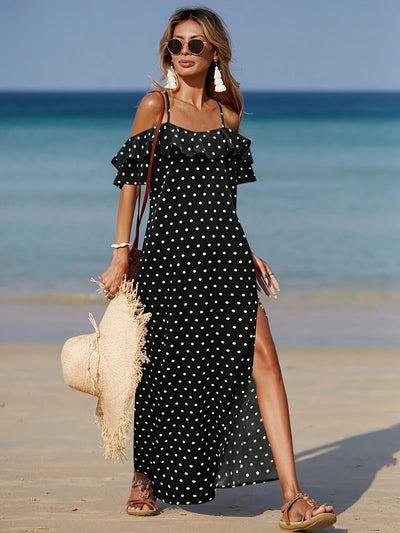Spanisches rotes Kleid mit Erbsendruck und leichtem Schlitz für den Sommer