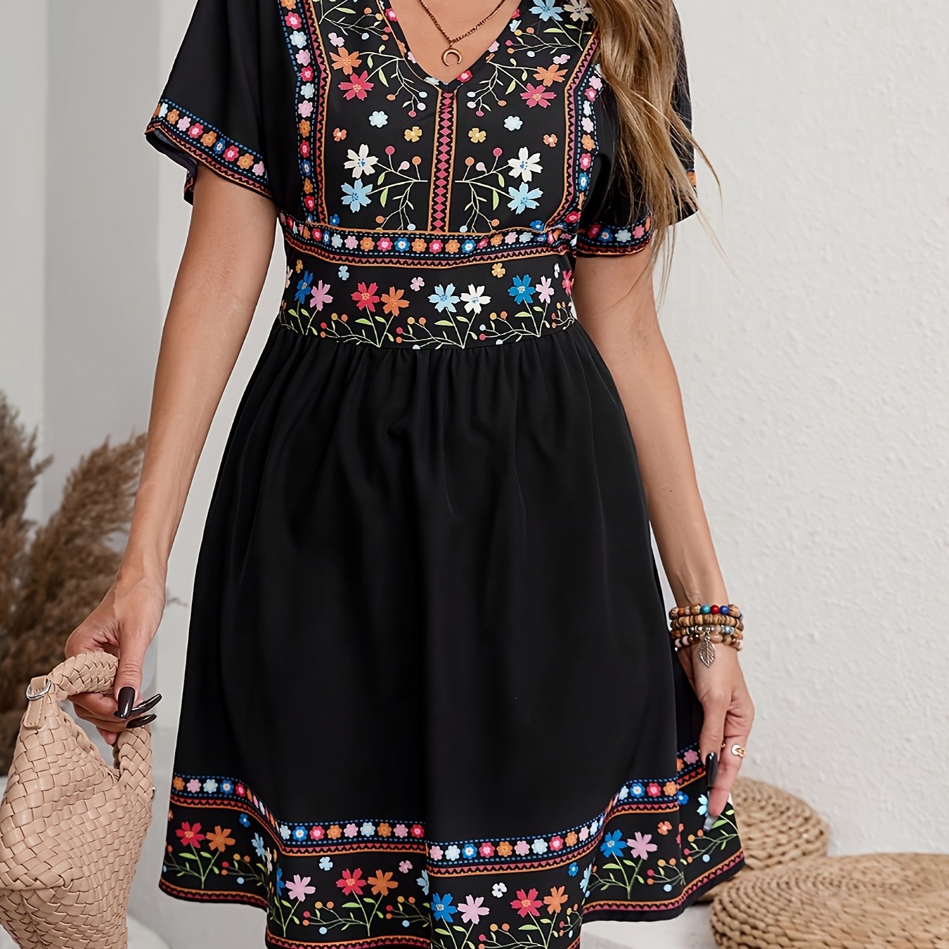 Weiß-blaues Sommerkleid mit Blumenmuster und V-Ausschnitt