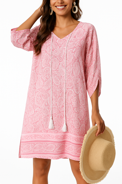 Boho-Sommerkleid mit Blumenmuster Rosa Spitz zulaufender Ausschnitt Fransenärmel
