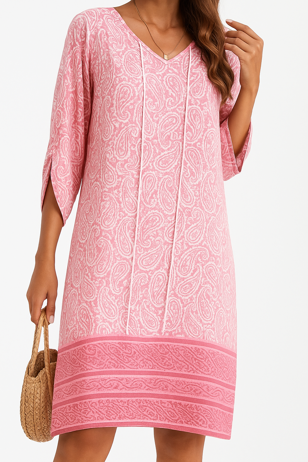 Boho-Sommerkleid mit Blumenmuster Rosa Spitz zulaufender Ausschnitt Fransenärmel