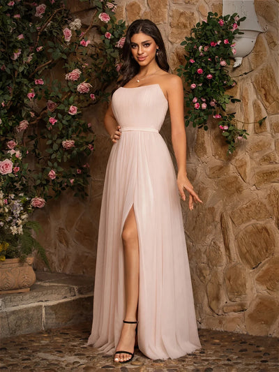 Ärmelloses Satin-Maxikleid – Elegantes Abendkleid mit hohem Schlitz für Hochzeiten und festliche Anlässe