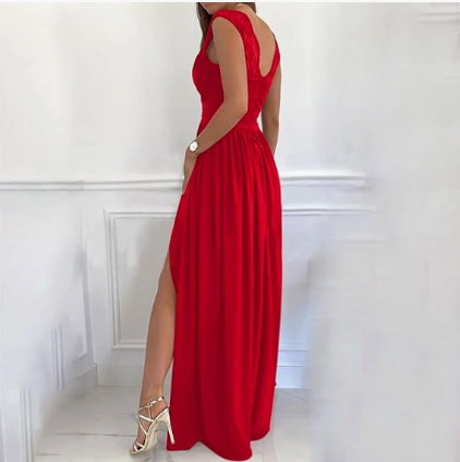 Elegantes rotes Maxikleid mit Schlitz und Rüschen
