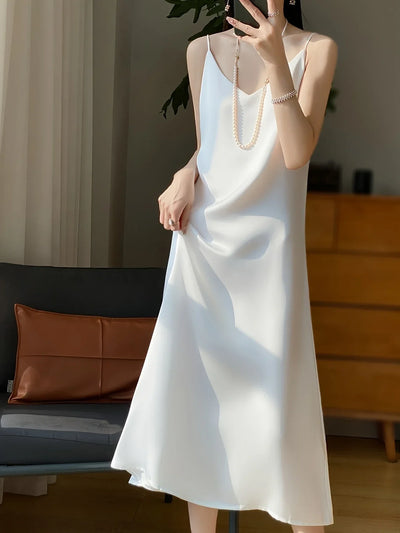 Satiniertes Midikleid für Damen – V-Ausschnitt, ärmellos, weich, luxuriös und bequem für Partys und Abendanlässe