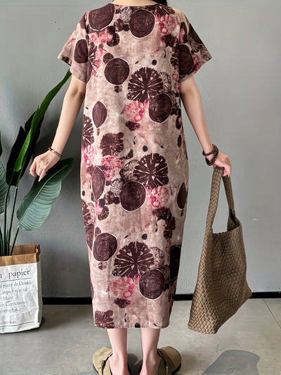 Elegantes Leinen-Midikleid mit ausdrucksstarkem abstraktem Muster