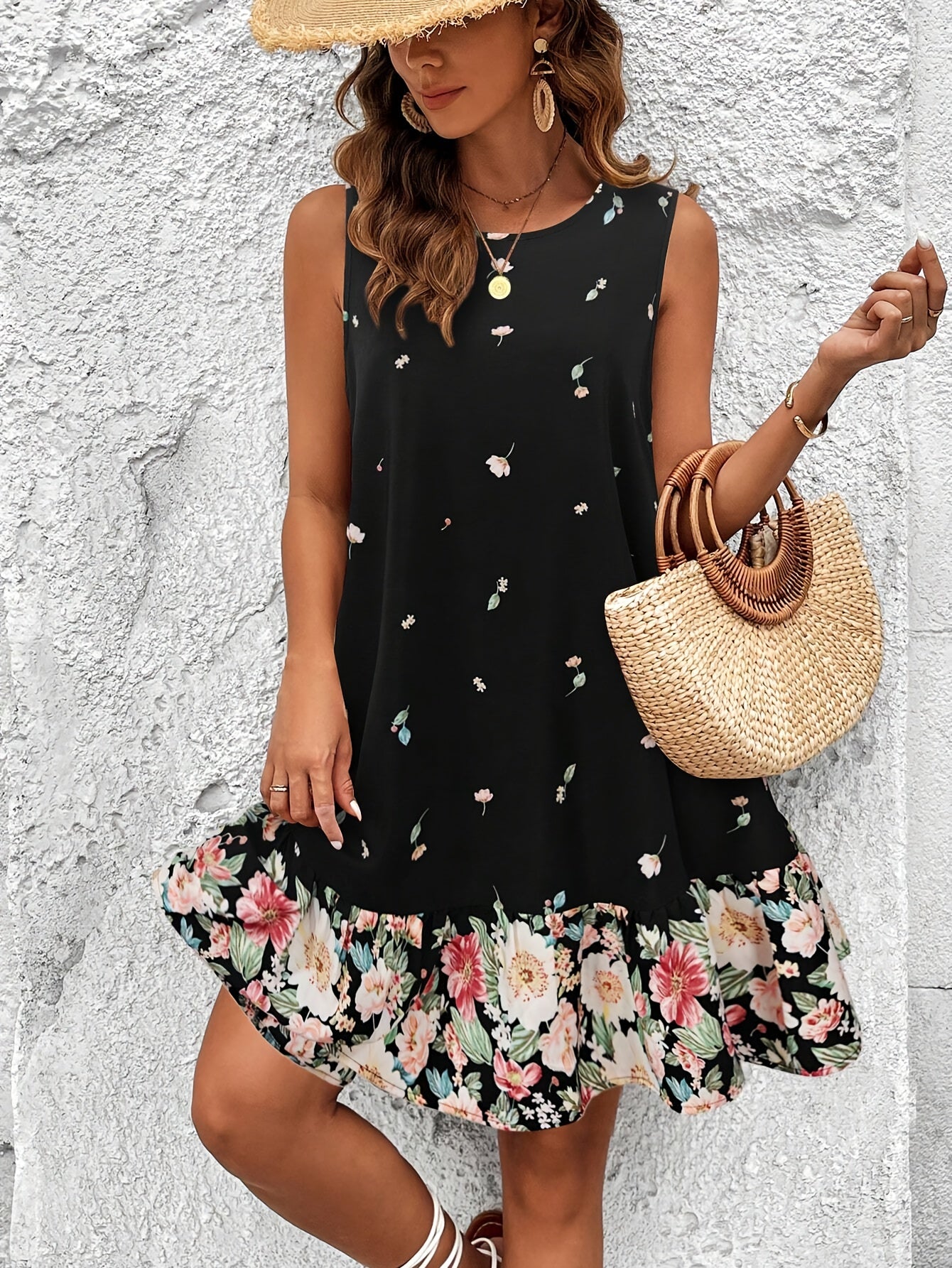 Ärmelloses Kleid mit rundem Ausschnitt und Blumenmuster