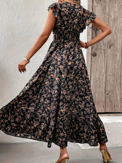 Gerafftes A-Linien-Kleid mit Rüschensleeves und Blumendruck