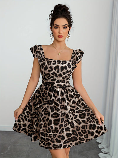Elegantes Damenkleid mit Leopardenmuster – Rüschen-Träger und Rückenfrei