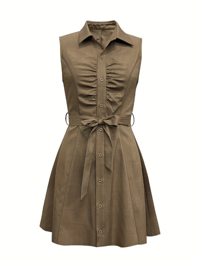 Damen Hemdblusenkleid mit Gürtel – Kurzarm, Unifarbe