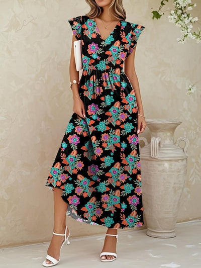 Elegantes langes geblümtes Kleid - V-Ausschnitt, Blumenärmel