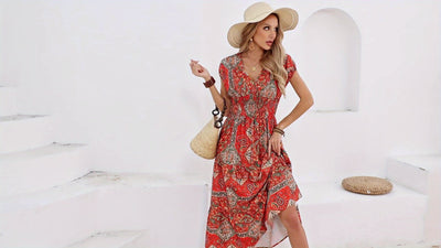 Maxikleid mit Paisley-Muster Roter V-Ausschnitt Ideal für den Urlaub