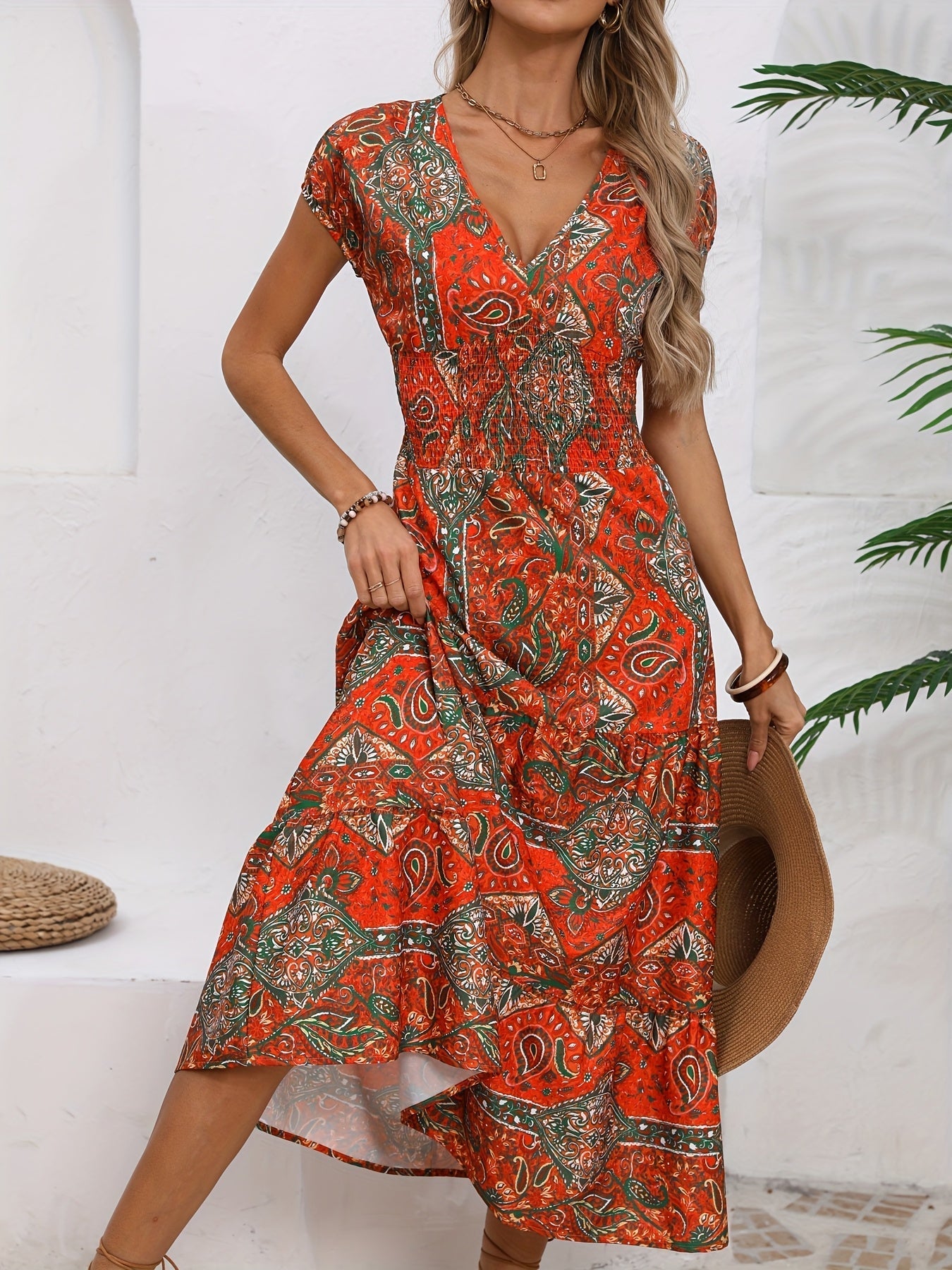 Maxikleid mit Paisley-Muster Roter V-Ausschnitt Ideal für den Urlaub