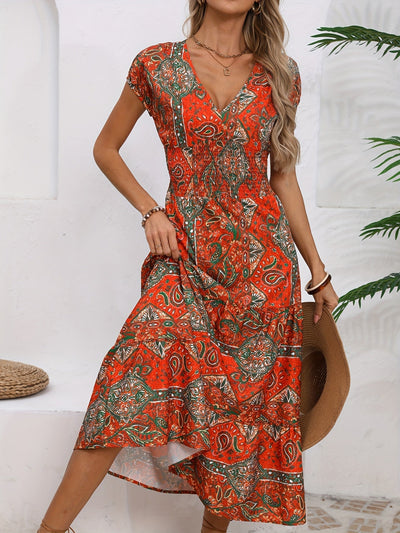 Maxikleid mit Paisley-Muster Roter V-Ausschnitt Ideal für den Urlaub