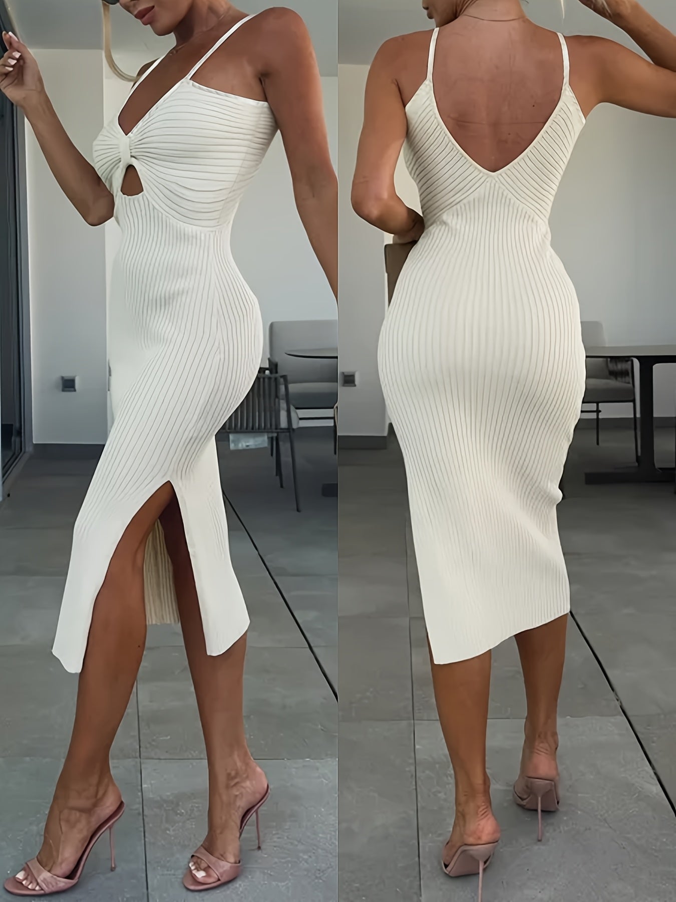 Beigefarbenes schulterfreies Midikleid mit Schlitz