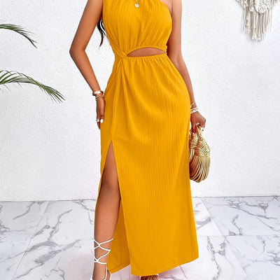 Asymmetrisches Maxikleid mit einem Schulterträger – Gelb, mit hohem Schlitz